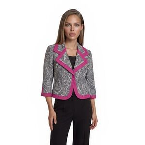 3 Sisters Blazer Women's Medium Pink Black Paisley 100% Linen 3/4 Sleeve
